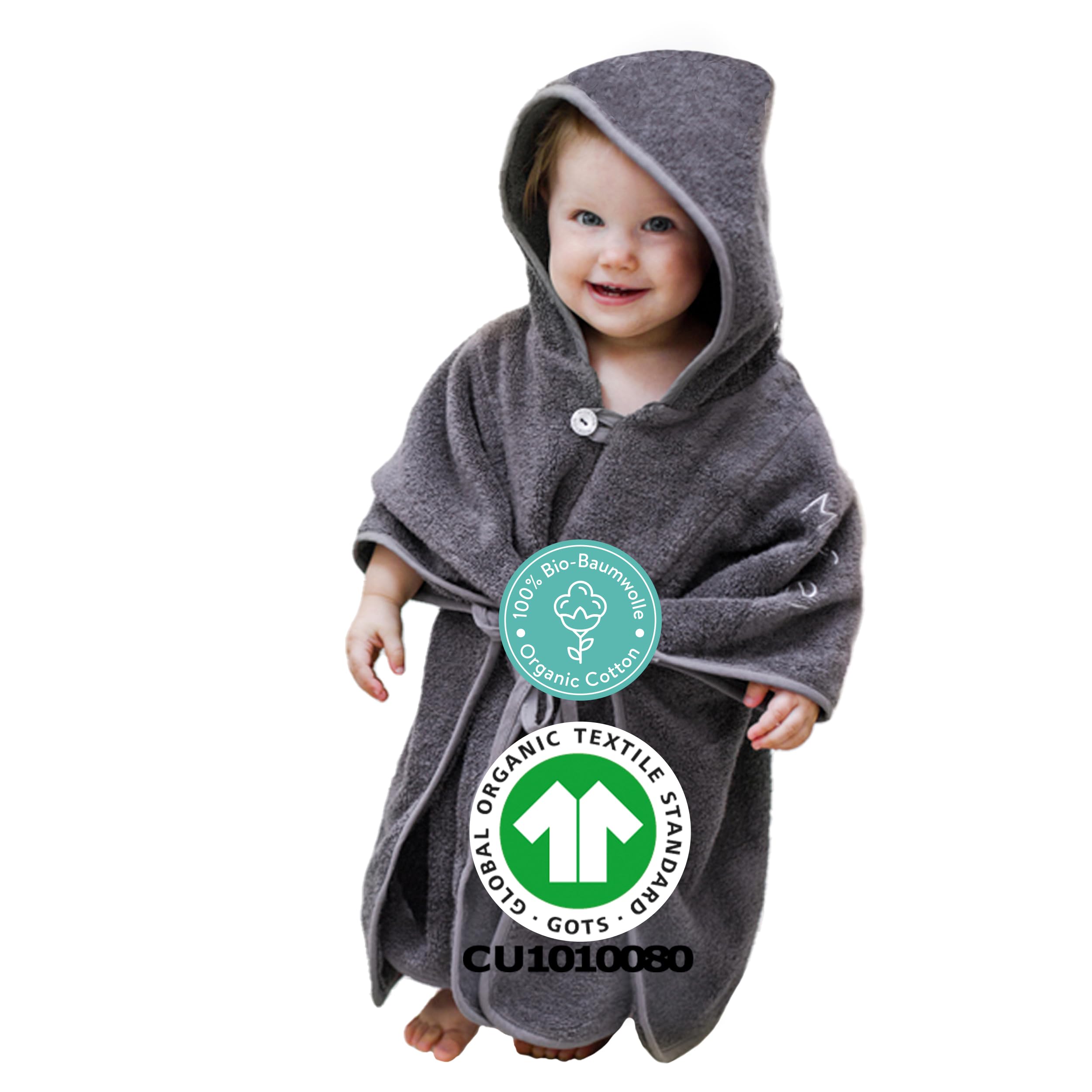Mabyen Baby Kapuzen Bademantel | Baby Poncho mit Kapuze - aus 100% Bio-Baumwolle - OEKOTEX zertifiziert - Poncho bis 3 Jahre geeignet - Babyhandtuch mit Kapuze - 50x70 cm - dunkelgrau