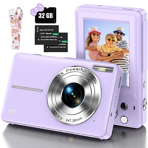 Digitalkamera, 1080P Kinderkamera mit 32GB Micro SD-Karte HD Fotokamera 44MP Vlogging-Kamera Tragbare Kompaktkamera mit LCD-Bildschirm 16X Digitalzoom & 2 Batterien für Teenager Mädchen Jungen-Lila