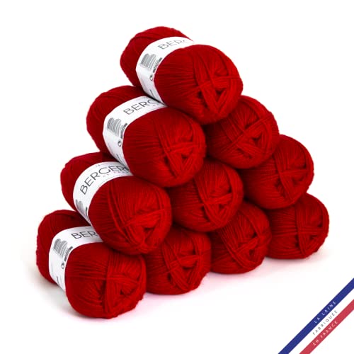 Bergère de France - BARISIENNE, Wolle set zum stricken und häkeln (10 x 50g) - 100% Acryl - 4 mm - Sehr weicher Rundfaden - Rot (GERANIUM)