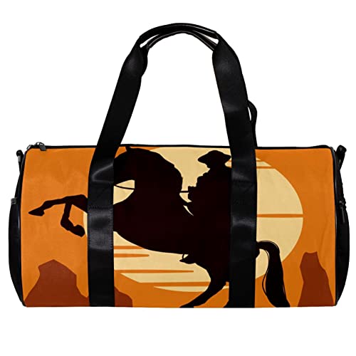 Runde Sporttasche mit abnehmbarem Schultergurt, Silhouette, Cowboy, Reiten, Sonnenuntergang, Training, Handtasche für Damen und Herren