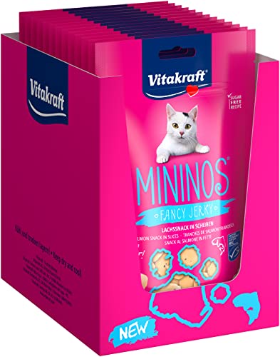 Vitakraft Mininos Fancy Jerky, Lachssnack für Katzen, zum Belohnen und Verwöhnen, geringer Fettanteil, ohne Zuckerzusatz (13x 40g)