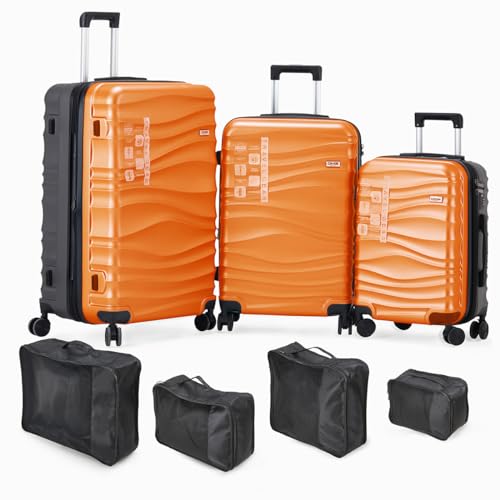 DMS 7-teiliges Hartschalen-Kofferset mit Teleskopgriff und 4 Rollen Koffer & Trolleys Reisekoffer Hauptstadtkoffer Set ABS Hard Shell Sicherheitsschloss (Orange)