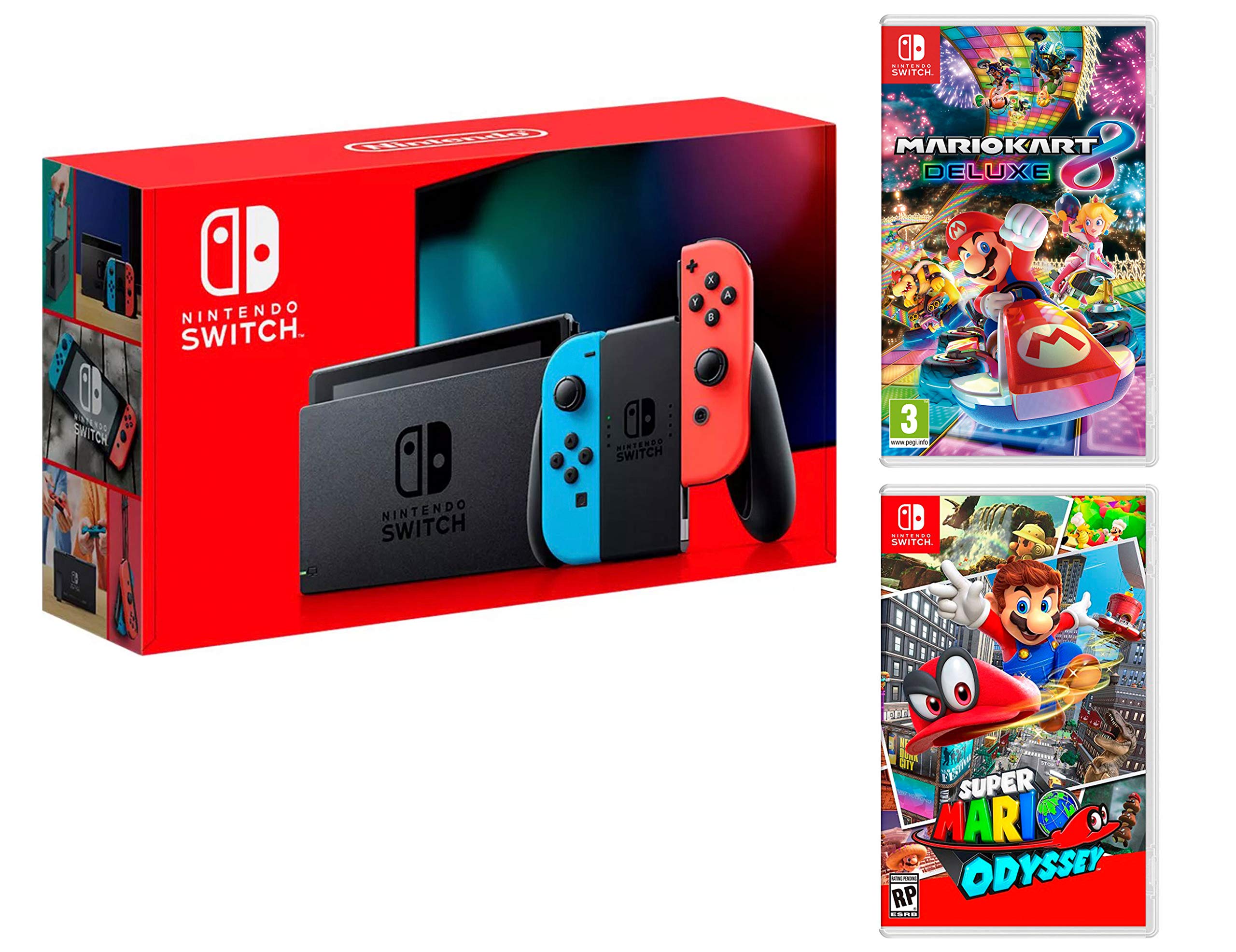 Konsole Nintendo Switch Rot/Blau Neon + Super Mario Odyssey + Mario Kart 8 Deluxe