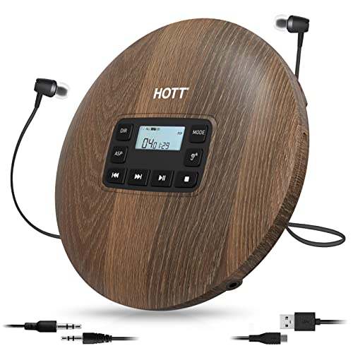 HOTT CD611 Tragbarer CD-Player für Reisen zu Hause und Auto mit Stereo-Kopfhörern, Anti-Shock-Wood Grain