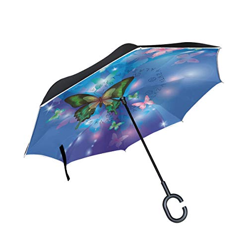 ISAOA Regenschirm, doppelschichtig, winddicht, UV-Schutz, f¨¹r Auto, Regen, Outdoor, C-f?rmiger Griff, selbststehend, Violett mit Schmetterlingen