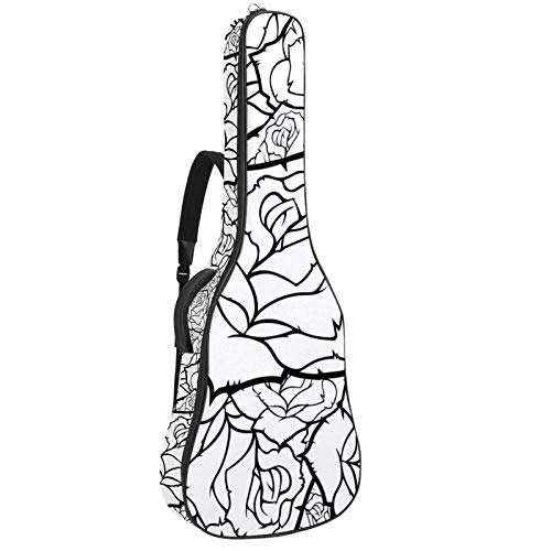 Gitarrentasche mit Reißverschluss, wasserdicht, weich, für Bassgitarre, Akustik- und klassische Folk-Gitarrentasche, Rosenblüte, Schwarz und Weiß