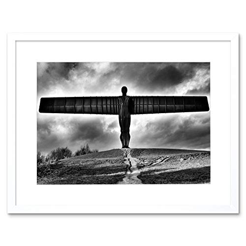 Angel Of The North Black And White Art Print White Framed Poster Wall Decor 12x16 inch Wand Deko