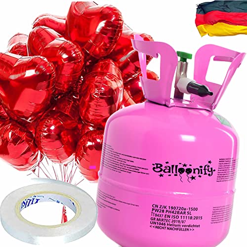 Helium Ballongas + Herz Folienballons + Ballonband | 20er Heliumflasche + Knickventil + 8 Ballonherzen + 10m Band | Luftballon Herzen Geburtstag Party Hochzeit, Edition: Set mit 8 roten Herzballons