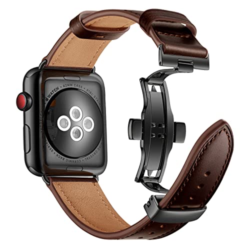 QANXGOG Lederarmband Kompatibel mit Apple Watch Armband 45mm 44mm 42mm 41mm 40mm 38mm, Lederband Ersatzband mit Butterfly Faltschließe für iWatch Series 7 6 5 4 3 2 1 SE,Coffee/Black,42mm/44mm/45mm