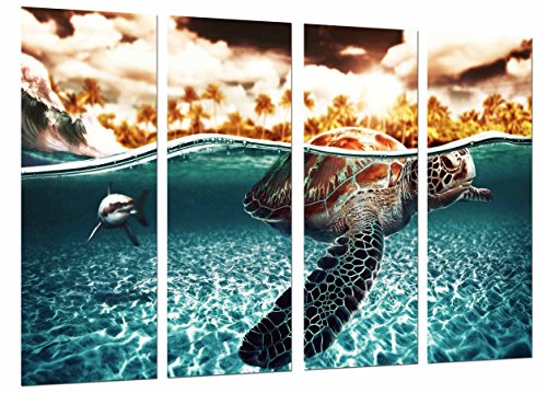 Wandbild - Tierschildkröte und -hai im Meer, Ozean, 131 x 62 cm, Holzdruck - XXL Format - Kunstdruck, ref.26873