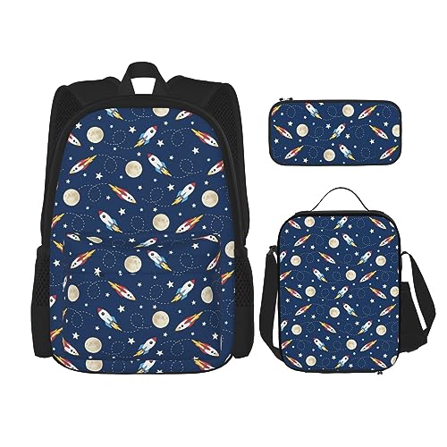 DOFFO Rucksack mit Rocket In Space Druck, Reise-Laptop-Rucksack für Damen und Herren, lässige Büchertasche mit Lunch-Tasche, Federmäppchen, 3-teilig, Schwarz, Einheitsgröße, Schwarz , Einheitsgröße