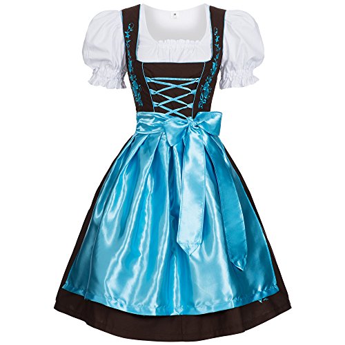 Damen Dirndl Kleid Dirndlkleid Trachtenkleid Midi Braun Hellblau 42