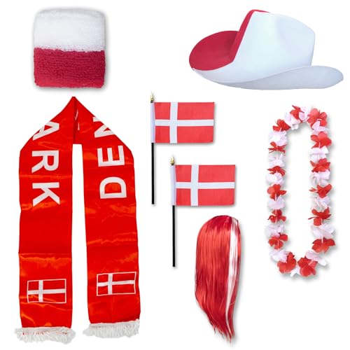 Sonia Originelli Fan-Paket Dänemark Denmark Dansk WM EM Fußball Schal Hawaiikette Hut Schweissband Fahne Perücke