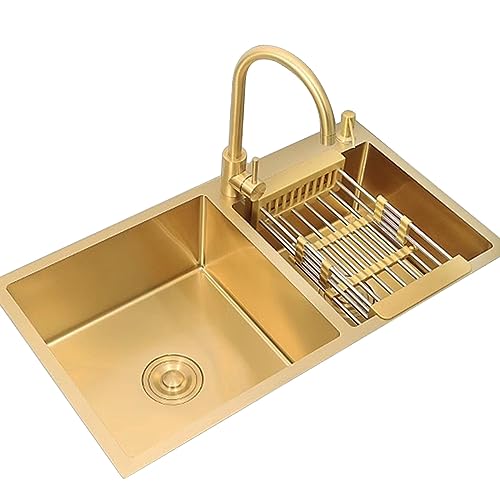 LCKDY Küchenspüle-Wasserhahn, goldenes Doppelwaschbecken, Küchenspüle, großes Fassungsvermögen, Spüle aus Edelstahl, goldener Wasserhahn inklusive Zubehör (Größe: 78 x 43 x 22 cm)