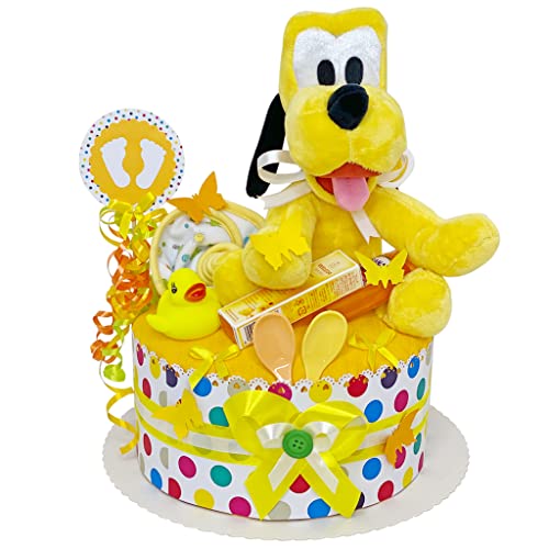 MomsStory - Windeltorte neutral | Pluto Disney | Baby-Geschenk zur Geburt Taufe Babyshower | 1 Stöckig (Gelb) Baby-Boy & Baby-Girl (Unisex) mit Plüschtier Lätzchen Schnuller & mehr