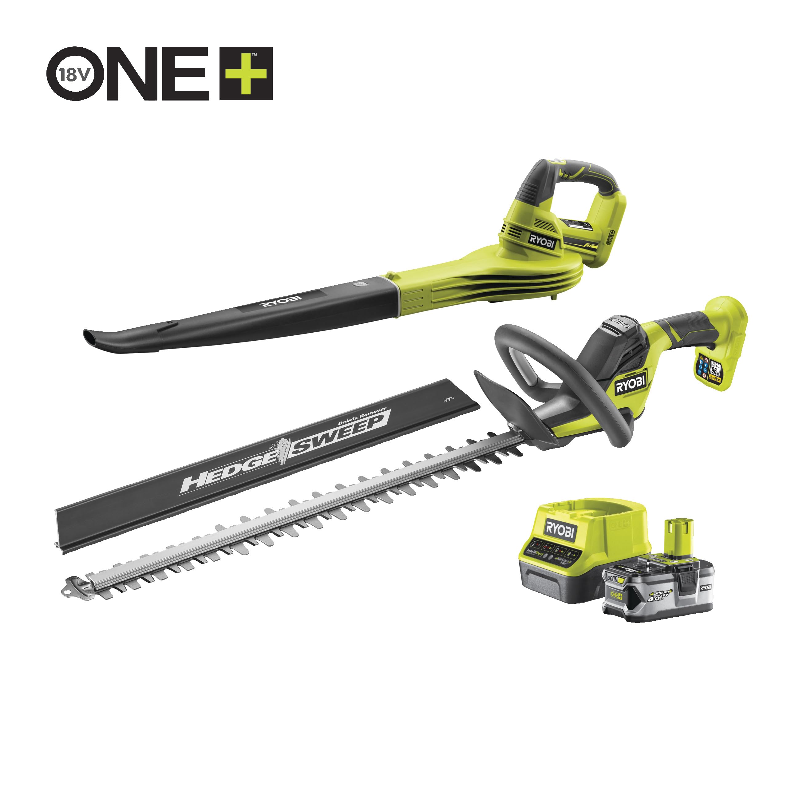 Ryobi 18 V ONE+ Set mit Heckenschere 55 cm und Laubgebläse 245 km/h, inkl. 4 Ah Akku und Ladegerät