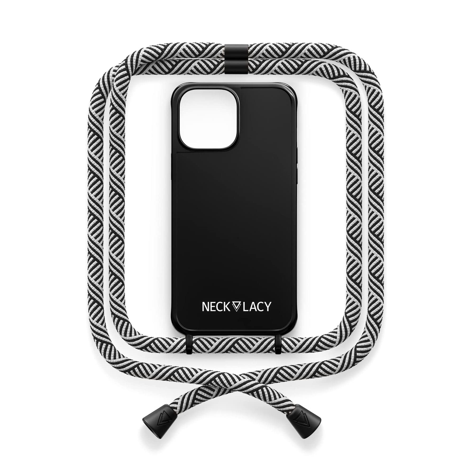 NECKLACY® - Die Premium Handykette für Apple iPhone 14 Pro in Black Domino Swirl | Schwarze Handyhülle mit hochwertiger Kordel zum Umhängen - Smartphone Crossbody Case