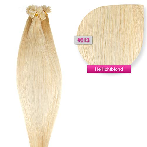 Hellichtblonde Keratin Bonding Extensions aus 100% Remy Echthaar/Human Hair 300 0,5g 50cm Glatte Strähnen - U-Tip als Haarverlängerung und Haarverdichtung - Farbe: #613 Hellichtblond