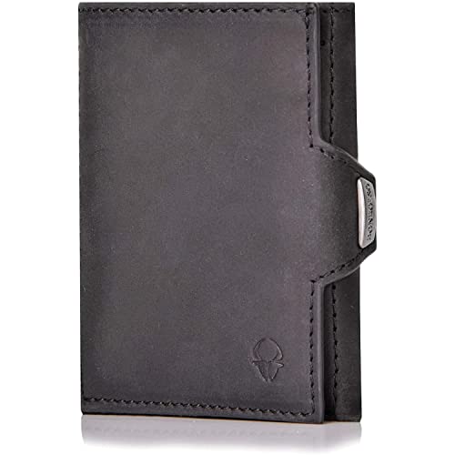 DONBOLSO® Wallety Leder I Slim Wallet mit Münzfach I Geldbeutel mit RFID Schutz I bis 10 Karten I Mini Portemonnaie für Herren und Damen I Geldbörse I Schwarz