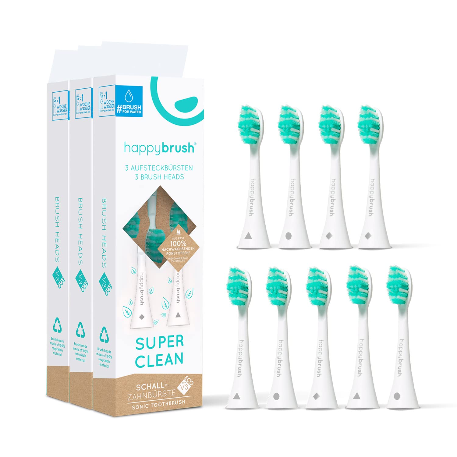 happybrush® Nachhaltige Aufsteckbürsten für elektrische Schall-Zahnbürste Eco VIBE 3 - Weiß/Mint - 3x3 Stück