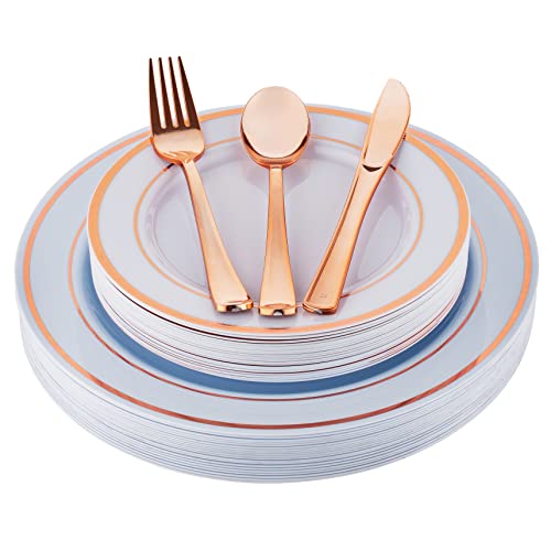 TOROTON 100 Stück wiederverwendbare Speiseteller aus Plastik mit Plastikbesteck-Set, Plastikgeschirr-Set beinhaltet: 20 x Teller, Dessertteller, Gabeln, Messer, Löffel - Rose Gold