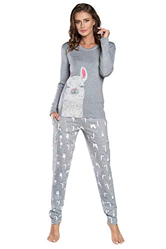 Italian Fashion IF Damen Schlafanzug lang Pyjama Set | Nachtwäsche Hausanzug Langearm Zweiteiliger Sleepwear (L, Grau Peru)