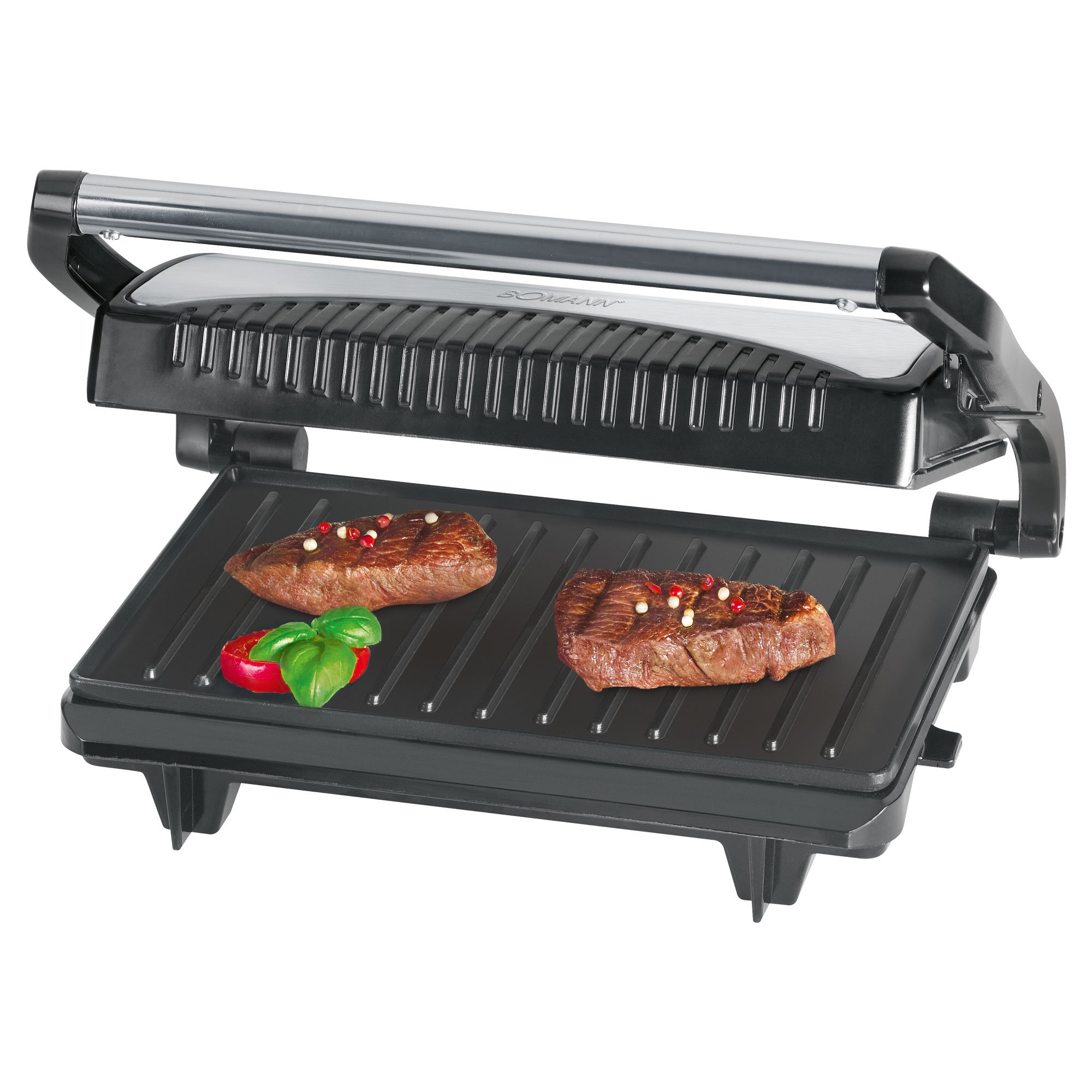 Bomann MG 2251 CB elektrischer Kontaktgrill, Multigrill, Elektrogrill für beidseitiges & fettfreies Grillen, antihaftbeschichtete Platten, Kabelaufwicklung, 700 W, edelstahl