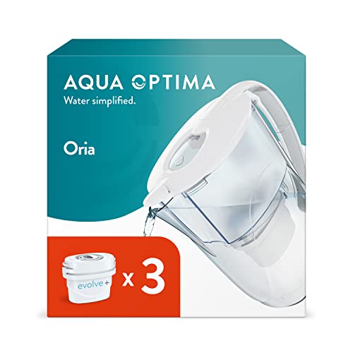 Aqua Optima Oria Wasserfilterkanne & 3 x 30 Tage Evolve+ Filterkartusche, 2,8 l Fassungsvermögen, zur Reduzierung von Mikroplastik, Chlor, Kalk und Verunreinigungen, weiß