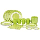 Melamin-Set Campinggeschirr Green Dot, 28-teilig, 100 Prozent Melamin, frei von BPA, Camping Geschirr Set, 4 Personen, Kunststoff,