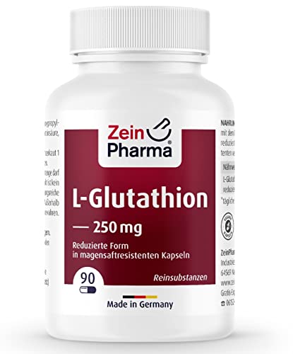ZeinPharma L-Glutathion 250 mg 90 Kapseln (6 Wochen Vorrat) Glutenfrei, vegan, koscher & halal Hergestellt in Deutschland, 31 g
