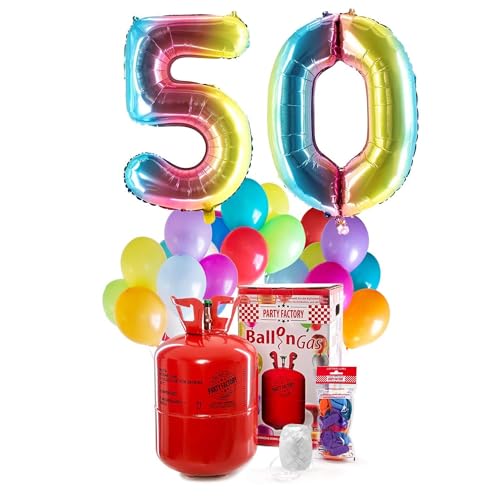 PARTY FACTORY Helium Geburtstags-Komplettset "50" - mit XXL Zahlenballons, 0,4m³ Ballongas, Ballonschnur & 30 bunten Latexballons - für Geburtstag, Jubiläum, Jahrestag - versch. Farben (Regenbogen)