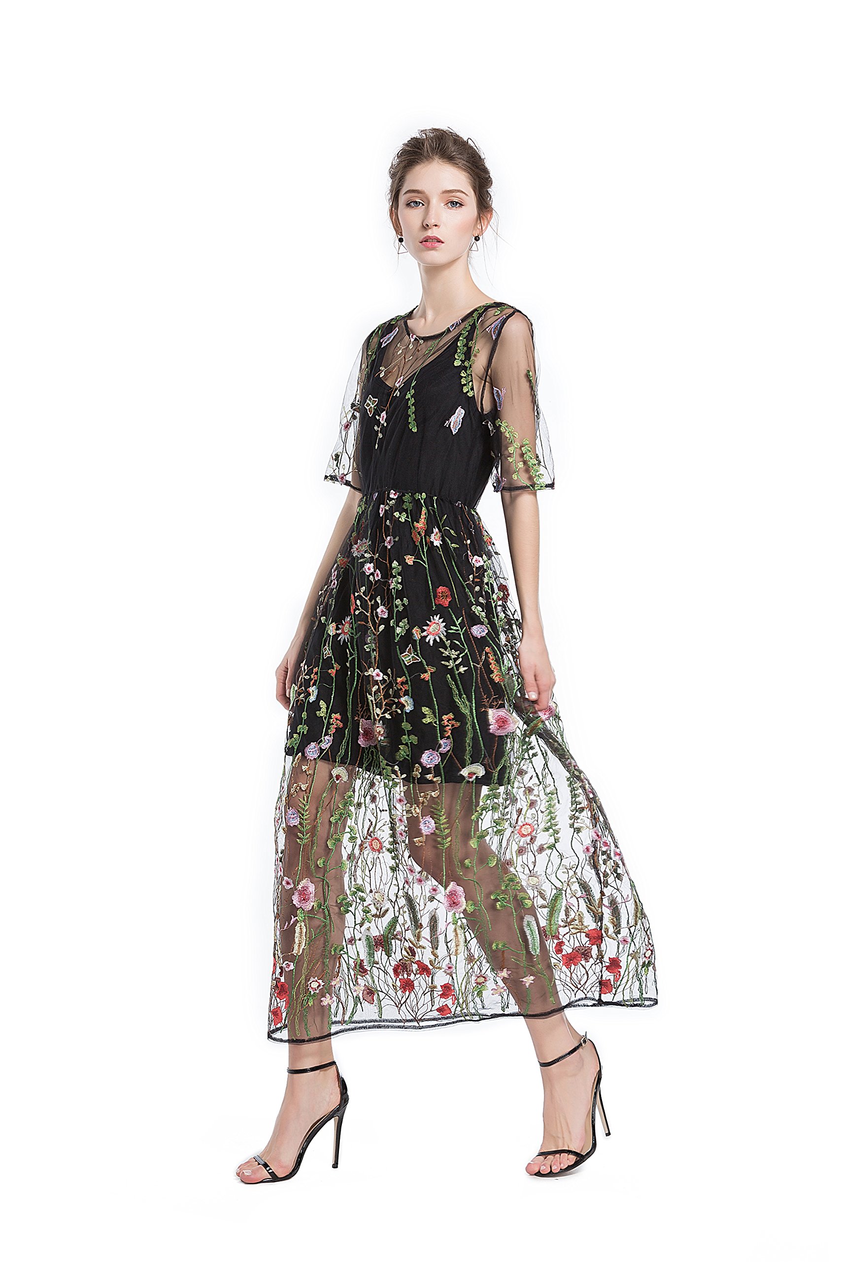 BaronHong Frauen Blumen Bestickt Tulle Prom Maxi Kleid mit Cami Kleid 3/4 Ärmel (Dreiviertel-Ärmel, M)