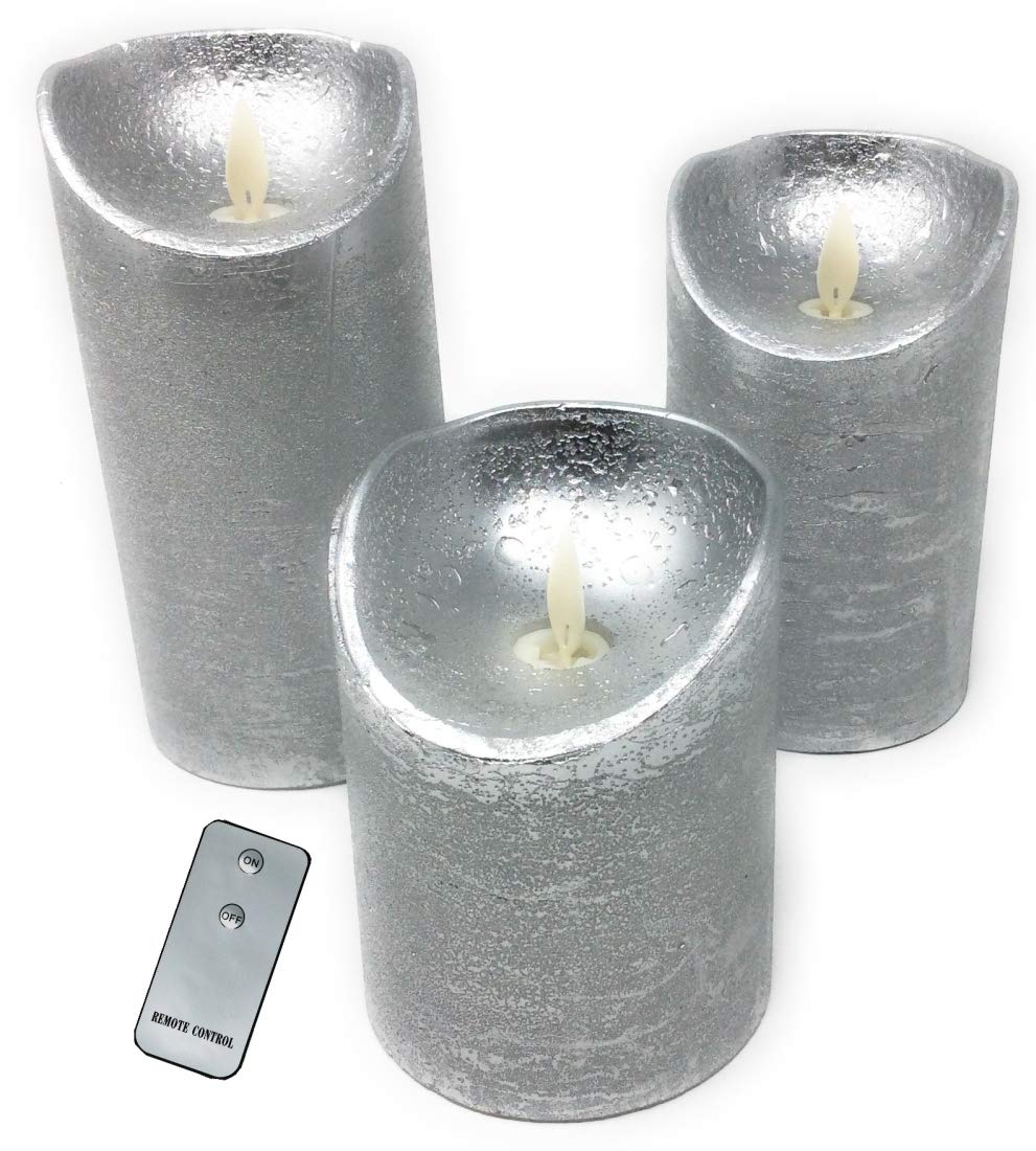 CBK-MS 3x LED echtwachs Kerzen silber mit Fernbedienung flammenlose Stumpenkerzen