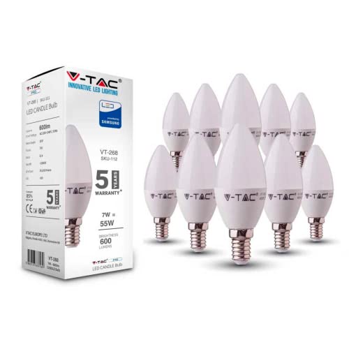 V-TAC E14 LED Lampe, Kerzenform, 7W (ersetzt 45W), 4000K, plastik - 10er-Pack