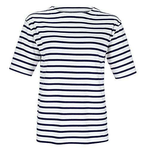 modAS Bretonisches Damen-T-Shirt mit U-Boot Ausschnitt - Ringelshirt Kurzarm Basic Shirt Gestreift aus Baumwolle in Weiß/Blau in Größe 40
