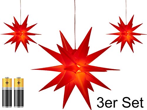 3er Pack 3D Leuchtstern - Weihnachtsstern/warm-weiß beleuchtet/für Innen und Außen geeignet/hängend / 100cm Zuleitung/ca. Ø 25 cm/batteriebetrieben (rot)