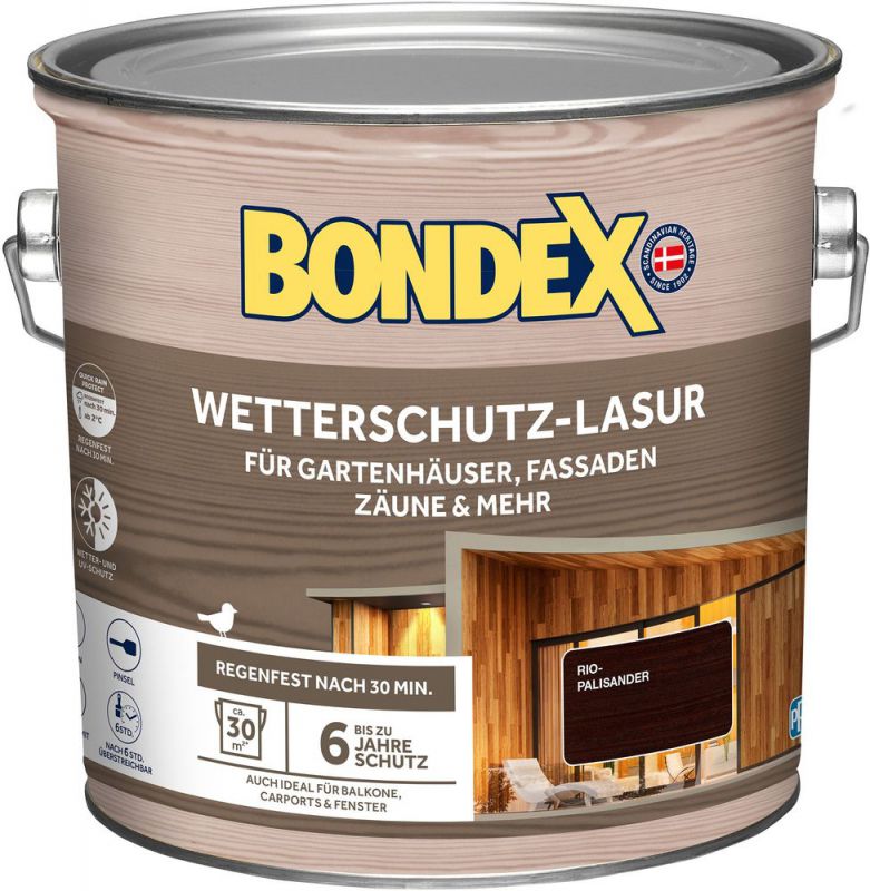 Bondex Wetterschutz Lasur Rio-Palisander 2,5 L für 30 m² | Tropf- und Spritzgehemmt | Exzellenter UV-Schutz | Sichere Anwendung ab 2 °C | seidenmatt | Wetterschutzlasur | Holzlasur