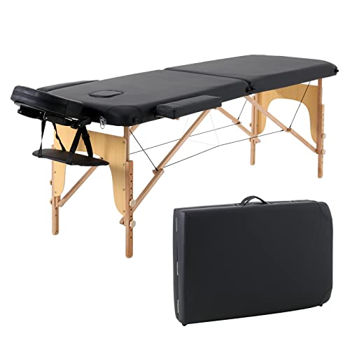 Panana 2-Zonen Massageliege Tragbare Massagebank Höhenverstellbarer Massagetisch mit Kopfstütze und Abnehmbare Armlehnen aus Holz (Schwarz)
