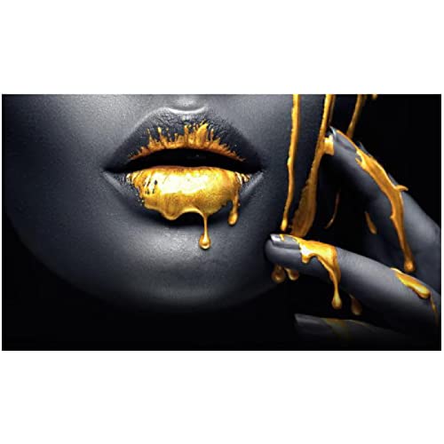 HONGC Leinwand Gemälde Gold Schwarz Sexy Lippen Poster Drucke Afrikanische Nackte Frau Wandkunst Bild für Wohnzimmer Dekoration 50x100cm/19.6"x39.4" Kein Rahmen - 3