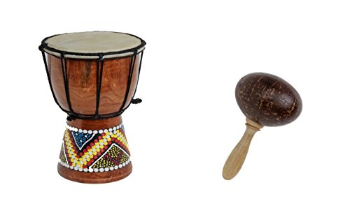 30cm Kinder Djembe Trommel Bongo Drum Holz Bunt Bemalt + Kokos Rassel Maraca R2