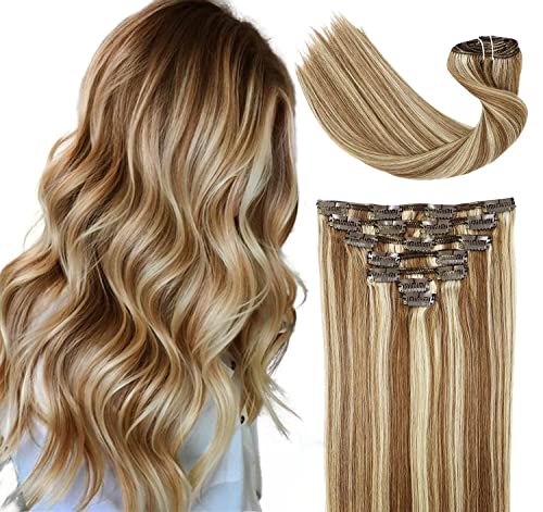Clip In Human Hair Extensions Mixed Bleach Blonde Extension Clip in Thickened Double Weft Brazilian Balayage Ombre Hair 120g 7pcs Full Head Silky Straight 100% Human Hair Clip In Extensions 20 Inch