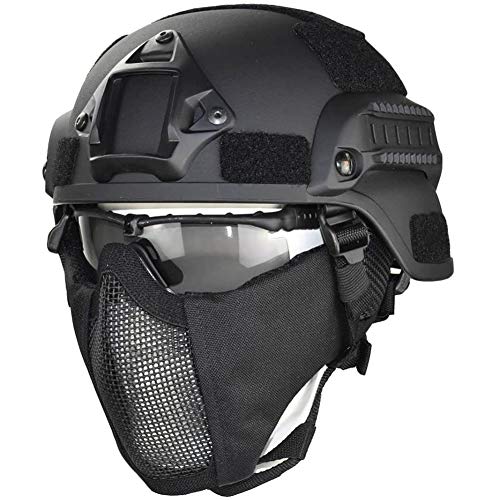 WLXW Mich 2000 Stil ACH Taktische Helm Mit Protect Ear Faltbare Doppelriemen Halb Gesicht Mesh Maske & Schutzbrille, Für Airsoft Paintball Gun,Schwarz