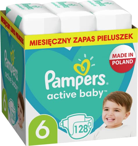 Pampers Baby Windeln Größe 6 (13-18kg) Active Baby Windeln, 128 Stück, Monatliche Verpackung, Durchlaufschutz Ganztägig