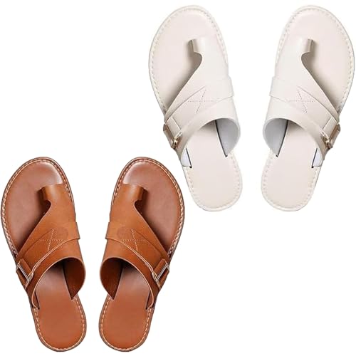 VERBANA Lightweight Orthopedic Sandals Made of Premium Leather, Dressy Sandals with Open Toe Ring Loop Strap Slip on Slide (2-Brown+Beige,5)