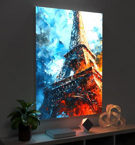 MyMaxxi - Pixlip Poster Eiffelturm in Paris Wandbild Design Wand Dekoration, Gemälde Mehrfarbig Leuchtrahmen - Eiffelturm, 42x60 cm, Rahmen: Leuchtrahmen inkl. Druck