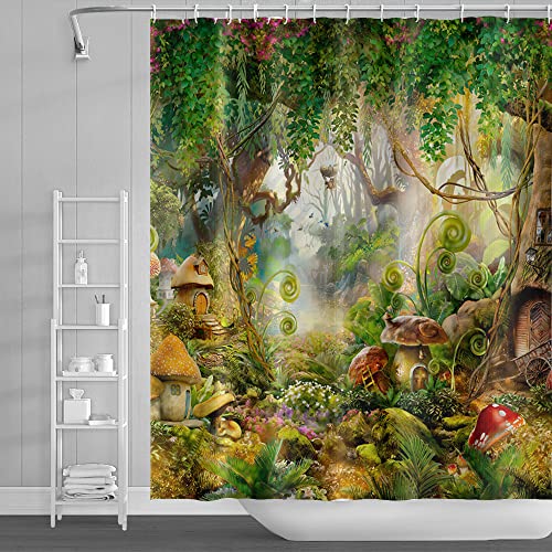 DORCEV 182.9x198.1 cm magischer Wald-Duschvorhang, üppige Bäume, fantastischer Wald-Dschungel-Duschvorhang, Badezimmerdekoration mit Haken, wasserdicht