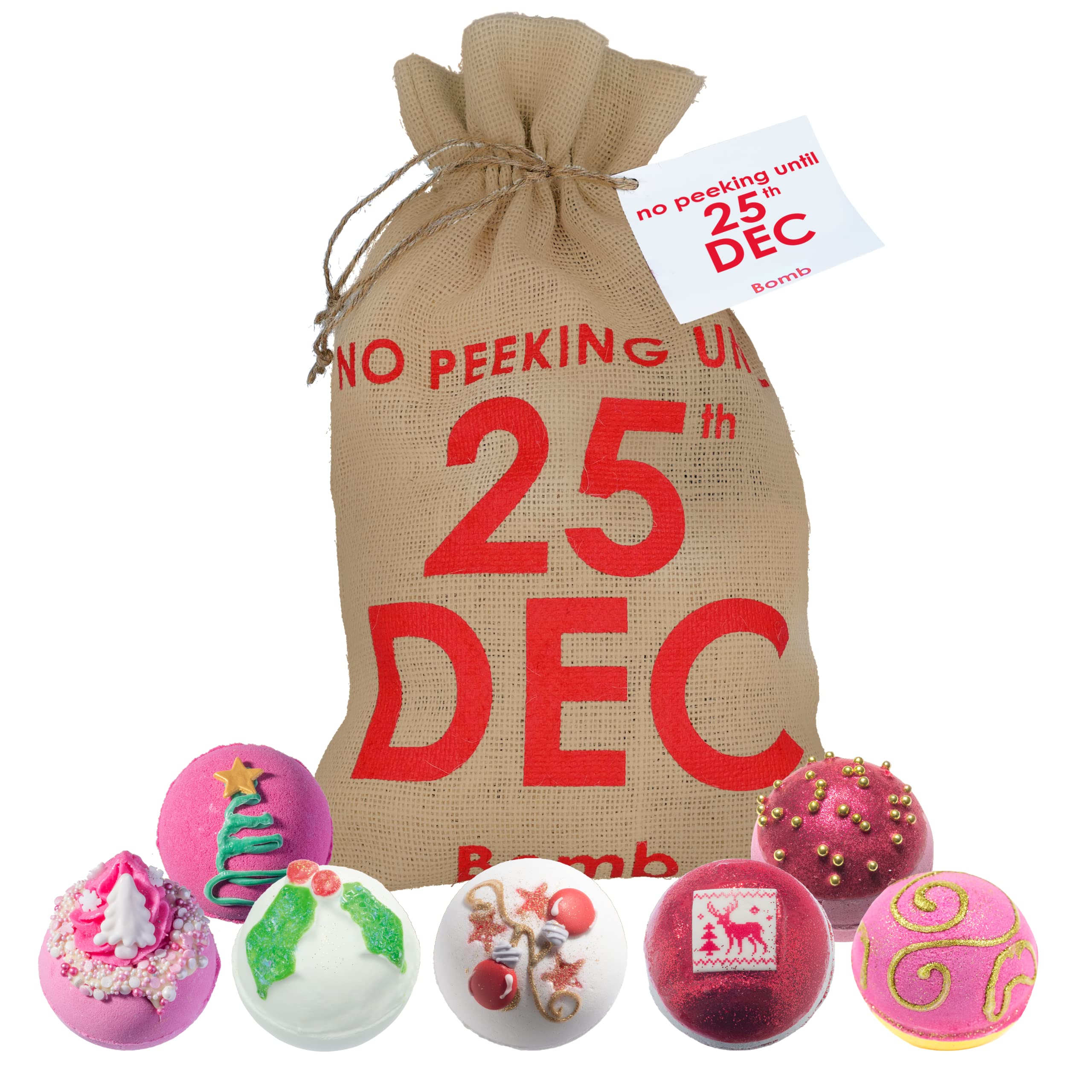 Bomb Cosmetics 25. Dezember, handgefertigter Sackleinen-Sackleinen, Geschenkpackung, enthält 7 Stück, je 160 g