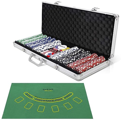 DREAMADE Ultimate Pokerset mit 500 Chips/ 2 Poker Set/ 5 Würfel/ Koffer/ Spieltuch/ 5 Dealer Buttons, Pokerset Koffer Profi für Pokerspiel