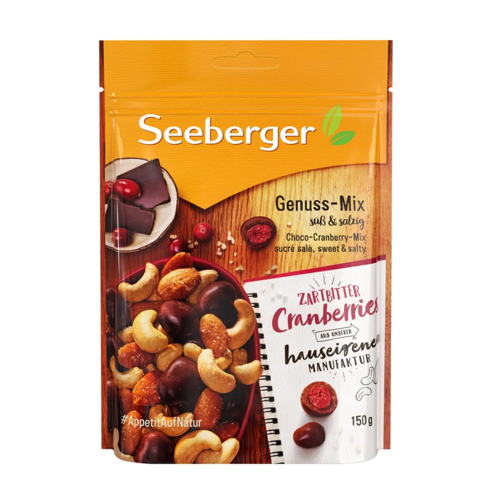 Seeberger Genuss-Mix 12er Pack, Knackige Mischung aus Cashewkernen, Mandeln und fruchtigen, schokolierten Cranberries - süß & salzig - glutenfrei, vegetarisch (12 x 150 g)