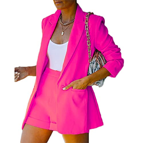 Yokbeer Damen Eleganter 2-Teiler Anzug Einfarbig Hosenanzug Revers Knopf Anzug Jacke Shorts Set Slim Fit Business Blazer Anzug Outfits für Damen (Color : C, Size : L)